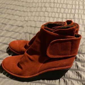 New Red suede Fly London boots with Velcro strap